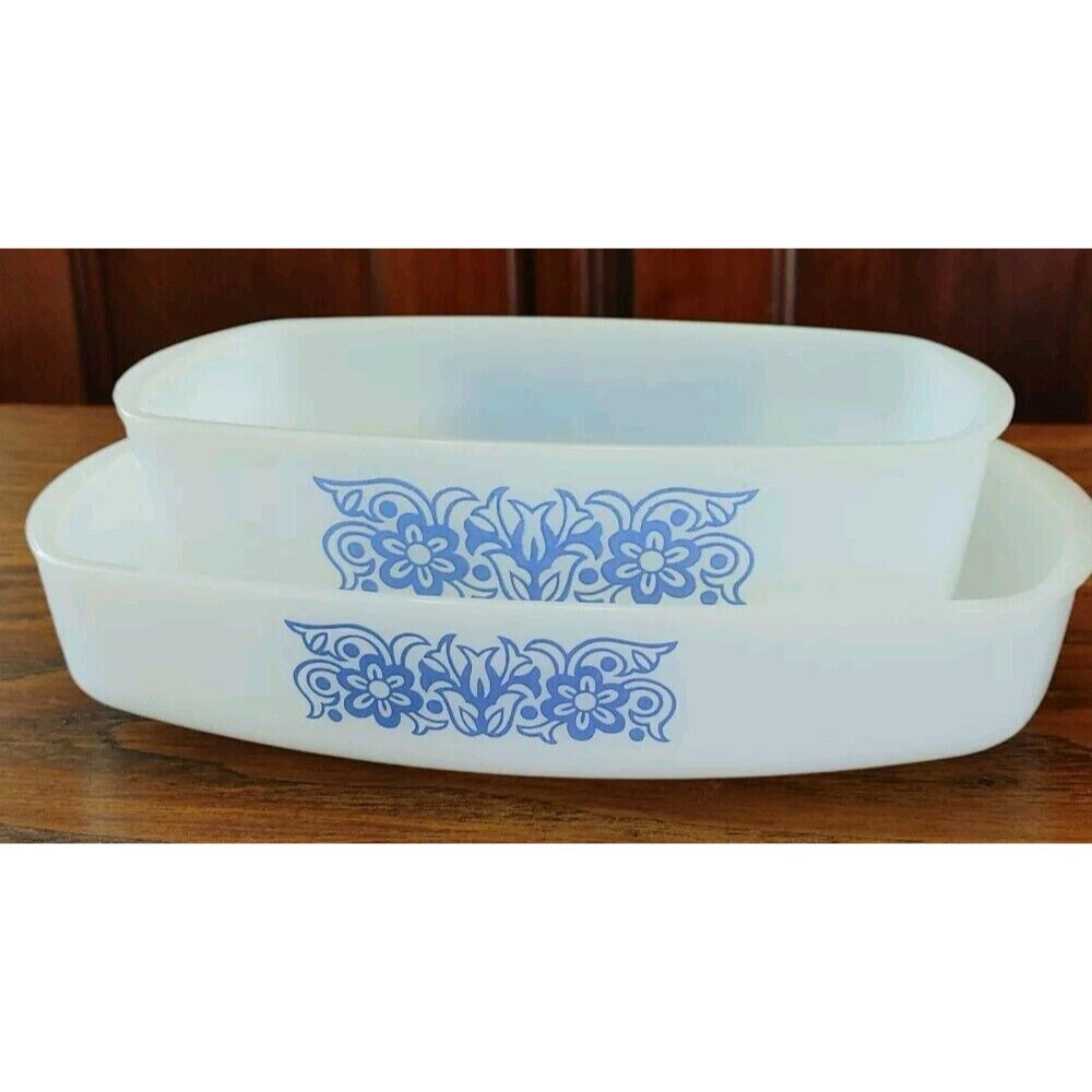 VTG Anchor Hocking Fire King Blue Tulip Scroll 'Oven Safe' Milk Glass Pan Set/2